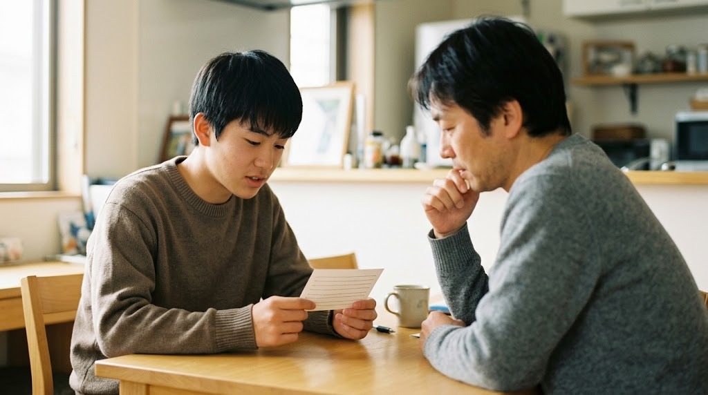 明るいダイニングテーブルで、セーター姿の高校生が小さなカードを手に面接の答えを話し、向かいの父親が口元に手を当てて聞いている