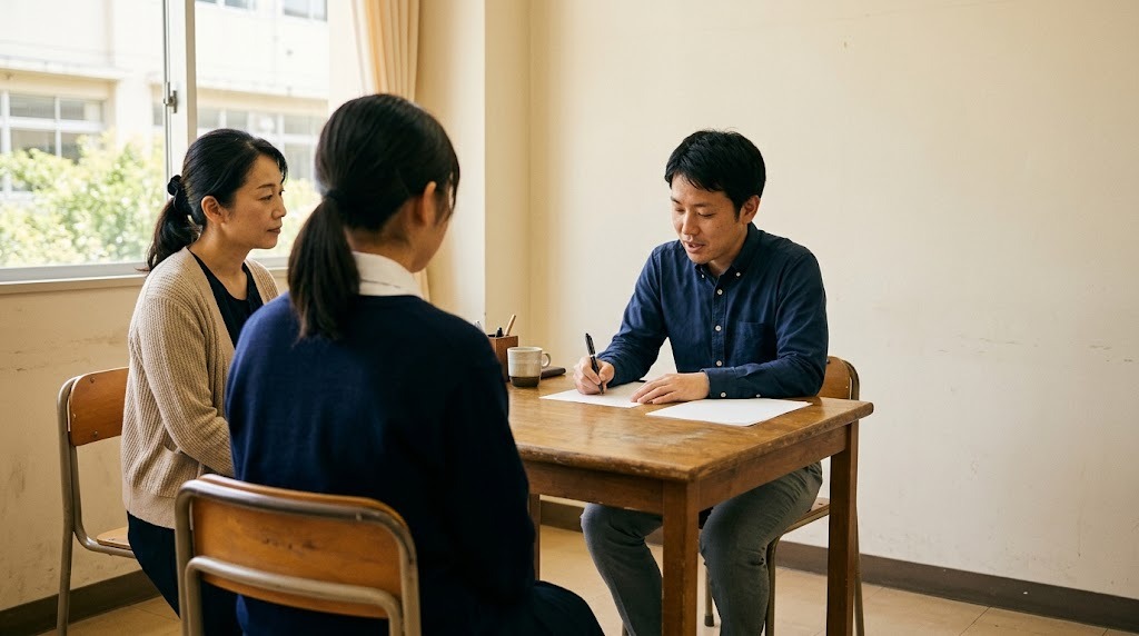 明るく飾りのない面談室で、白い襟のシャツに紺のカーディガンの高校生と保護者が並んで座り、向かいの先生が紙にメモを取っている
