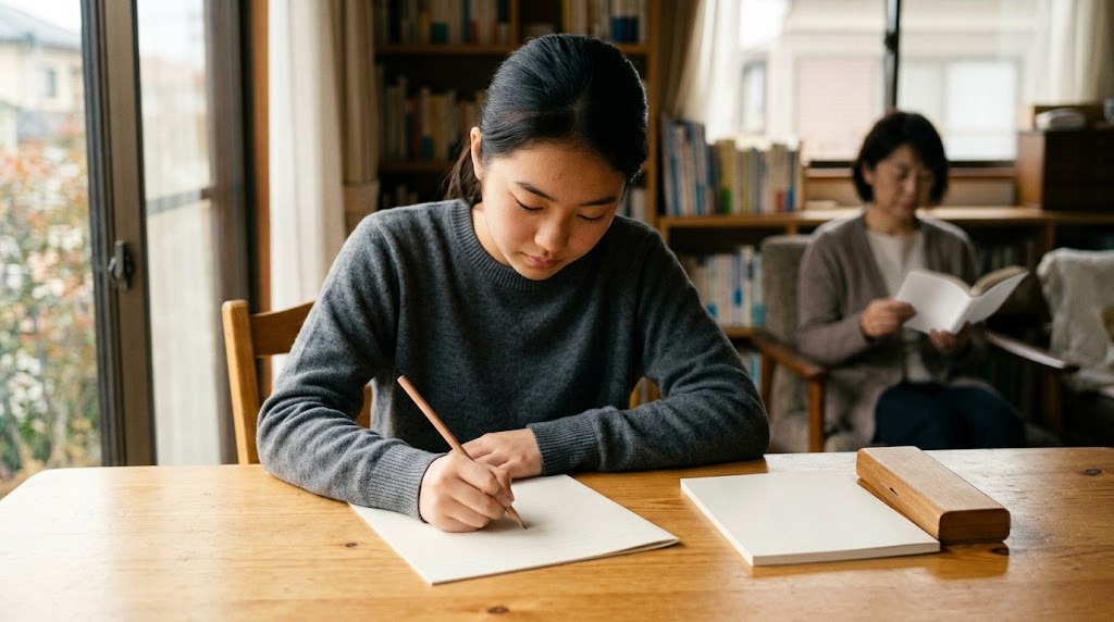 自宅の明るい木の机で、セーター姿の高校生が白い紙に鉛筆で書き込み、奥で保護者が静かに本を読んでいる