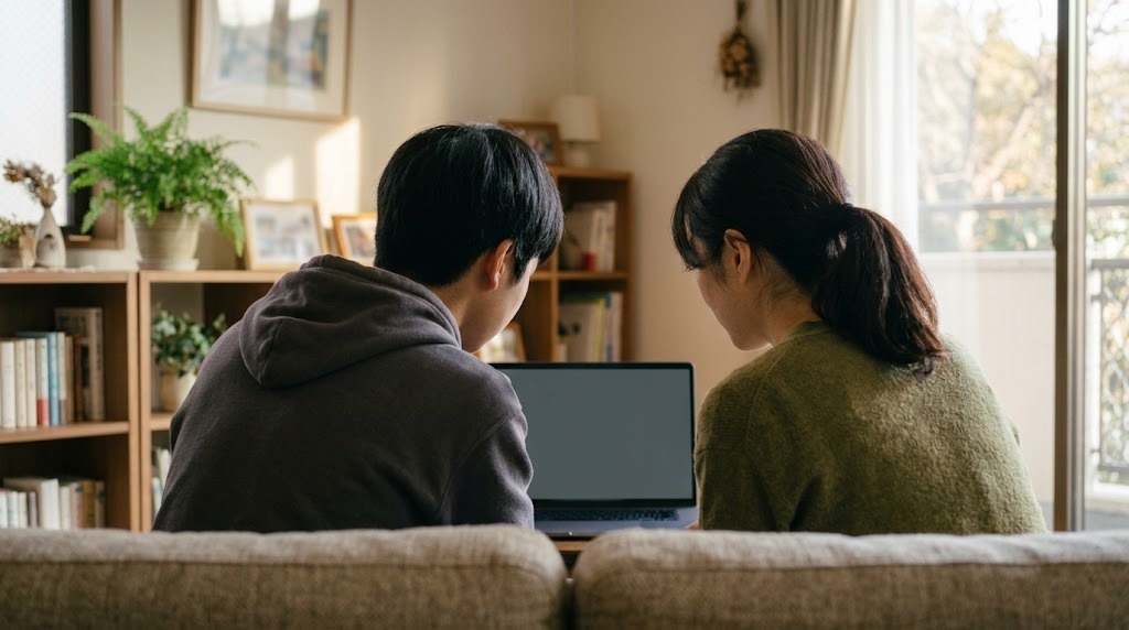 明るいリビングのソファで、高校生と保護者が並んで座り、ノートパソコンを一緒に見ている後ろ姿