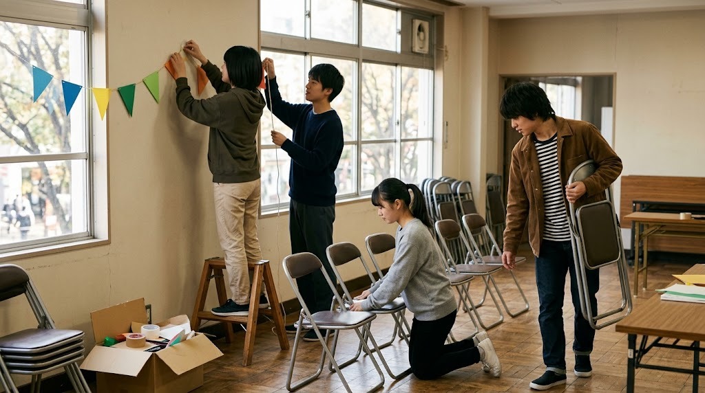 明るい公民館の部屋で、私服の高校生4人が折りたたみ椅子を並べ、窓に色紙の飾りを貼って手づくりのイベントを準備している