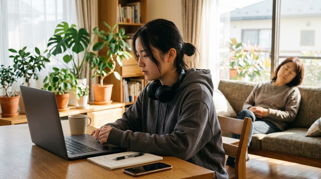 明るいリビングで、首にヘッドホンをかけたパーカー姿の高校生がノートパソコンでオンラインの授業に参加し、奥のソファに保護者がいる