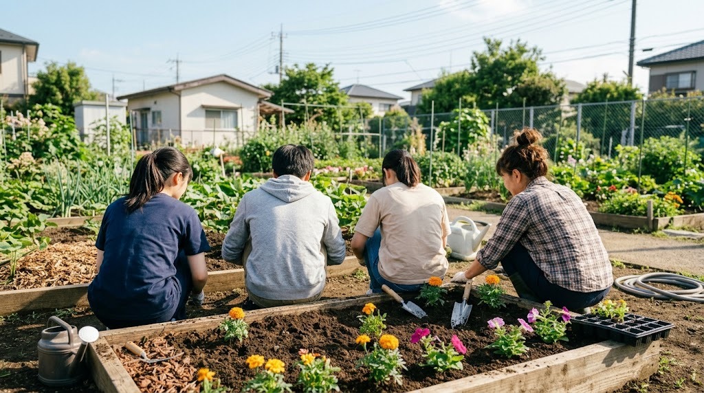 晴れた朝の地域の花壇で、高校生3人と大人1人が並んでしゃがみ、花の苗を植えている後ろ姿