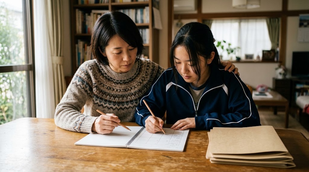 自宅のダイニングテーブルで、母親と高校生が並んで座り、ノートに手書きの表を書き込んでいる。机の端には無地の封筒が重ねてある