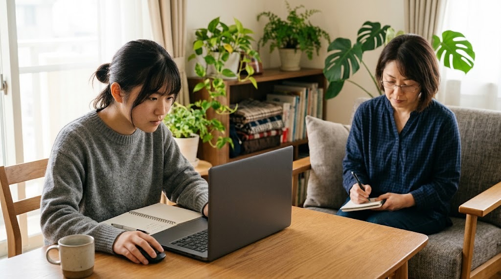 明るいリビングで、セーター姿の高校生がノートパソコンでオンラインの説明会に参加し、近くのソファで保護者がノートにメモを取っている