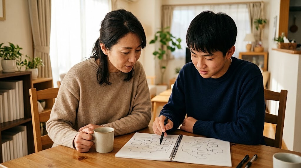明るいリビングのテーブルで、母親と高校生の息子が並んで座り、手書きの箱と矢印だけが描かれたノートを一緒に見ている