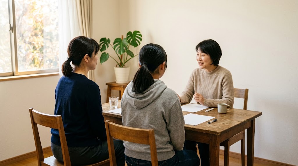 明るい相談室で、保護者と高校生が並んで座り、向かいの相談員の説明を聞いている後ろ姿
