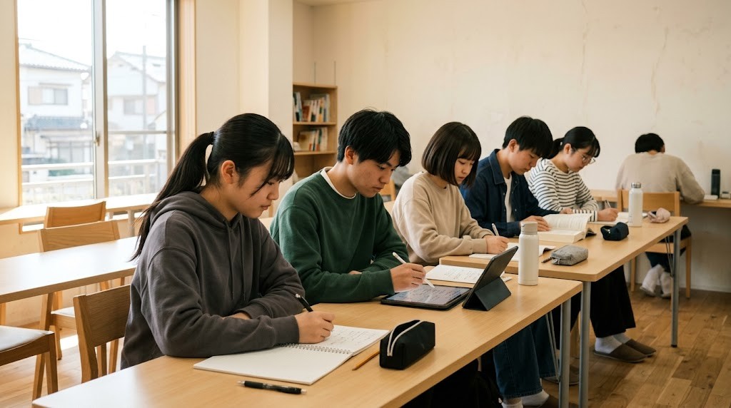 明るい学習室で机に向かう10代の生徒たち