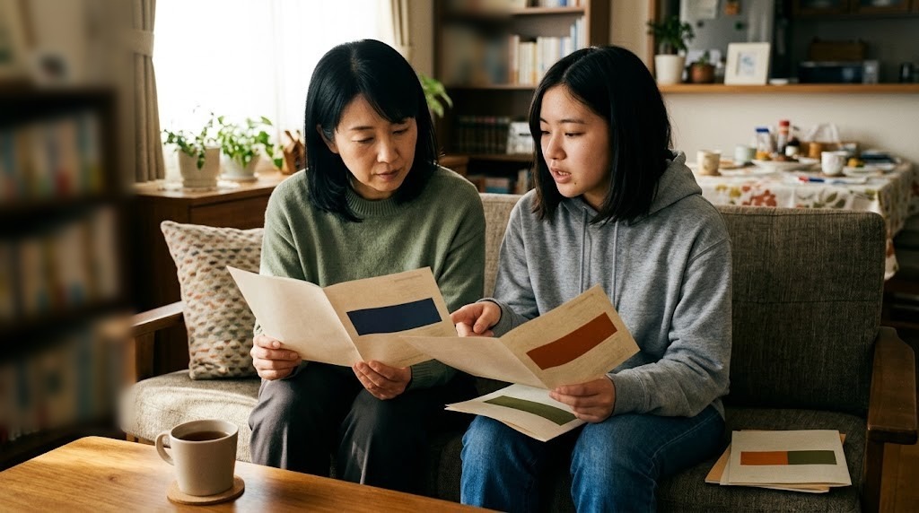 ソファで学校の資料を一緒に見る保護者と高校生