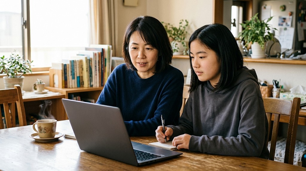 自宅のダイニングテーブルで、母親と高校生の子どもが並んでノートパソコンのオンライン授業を見ている様子