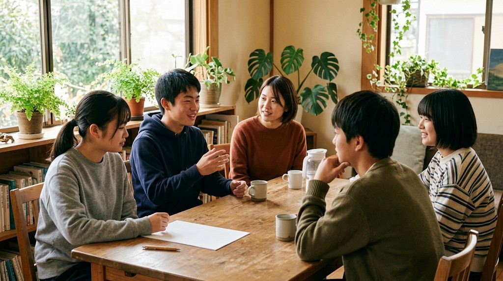 日当たりのよい部屋で、高校生くらいの生徒たちとスタッフが1つのテーブルを囲んで話している様子