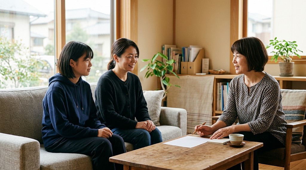 相談室のソファに並んで座る保護者と高校生が、向かいに座るスタッフの説明を聞いている様子