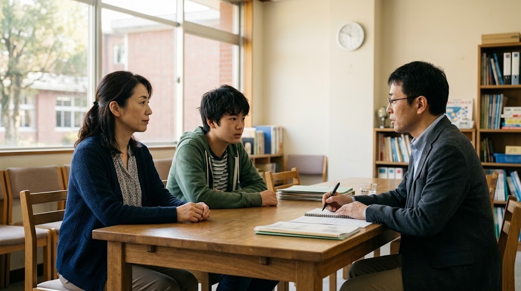 学校の面談室で先生と話す保護者と高校生
