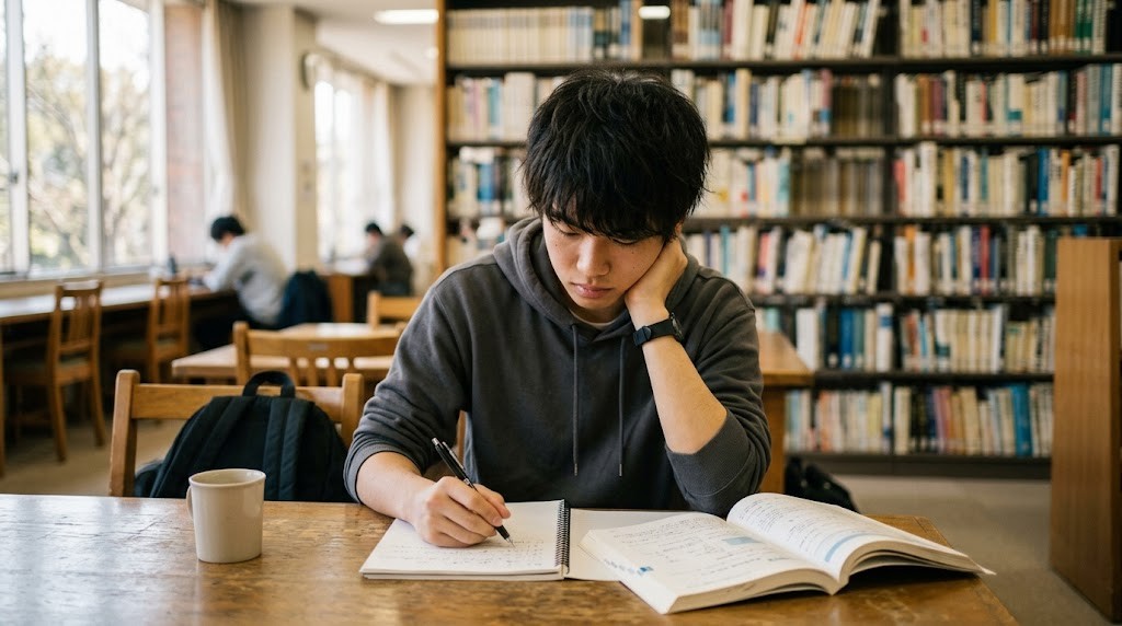 大学の図書館で勉強する若者