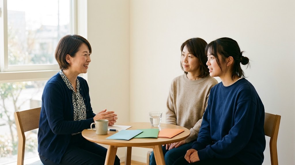 相談室で進路の相談をする高校生と保護者