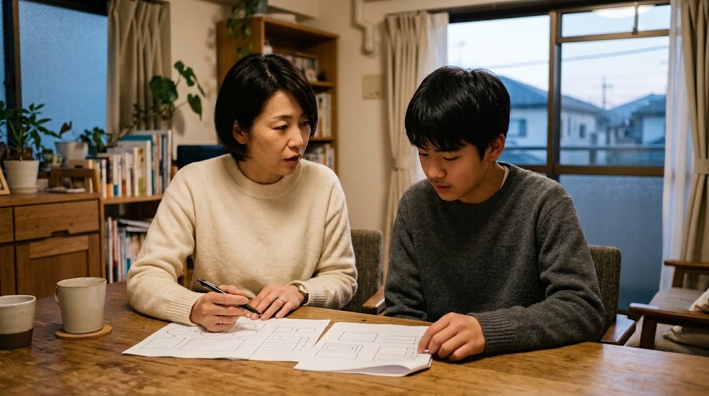 母親と高校生の息子が、リビングで手描きの表を見ながら費用について話している様子