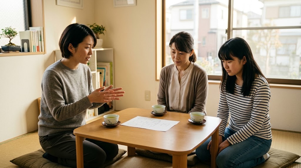 母親と高校生の娘が、相談室でスタッフの説明を聞いている様子