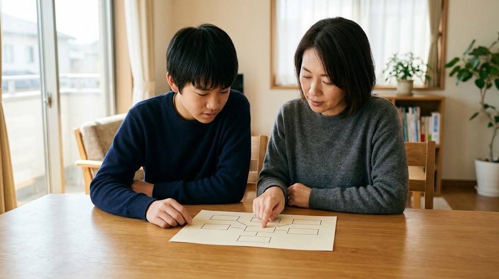 母親と高校生の息子が、手描きの表を見ながら予定を整理している様子