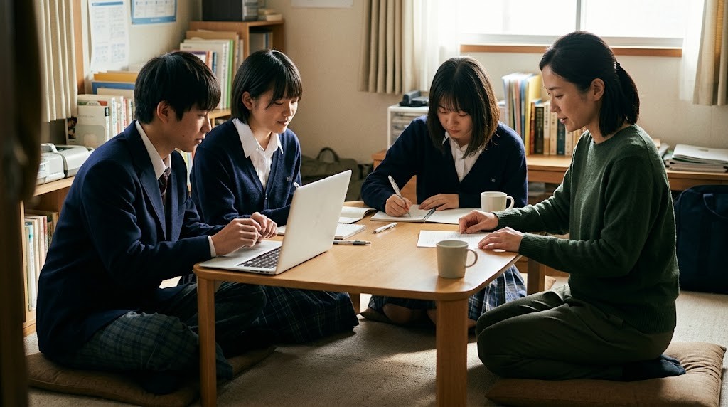 高校生4人と大人のスタッフが、小さな机を囲んで学習している様子