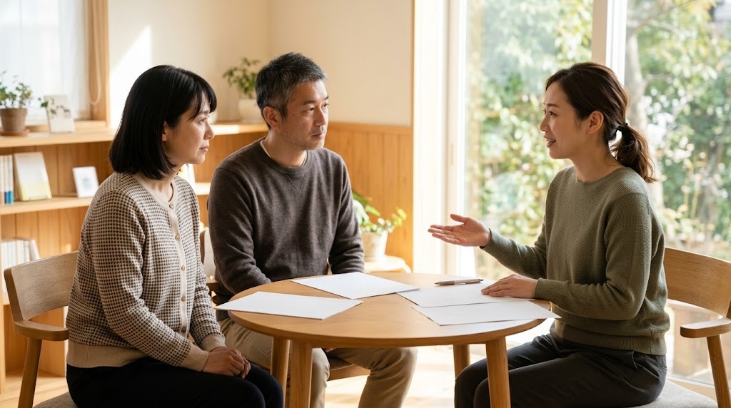両親が、相談室でスタッフの説明を聞いている様子