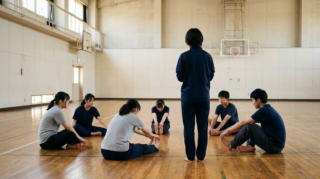 体育館の床で先生の合図でストレッチをする生徒たち