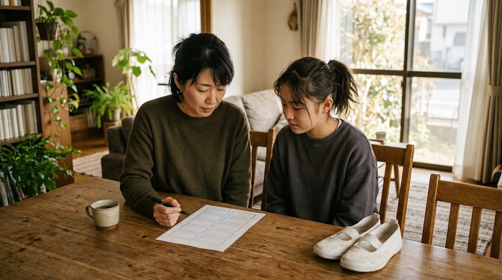 食卓で紙の予定表を見る保護者と高校生と、いすの上の上履き