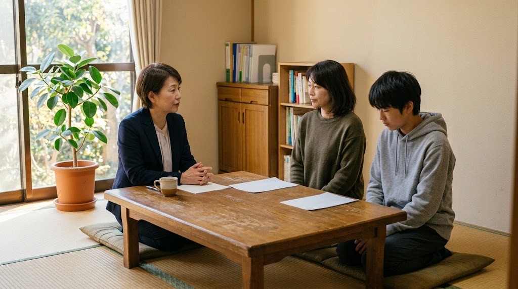 相談室で先生と話す保護者と高校生