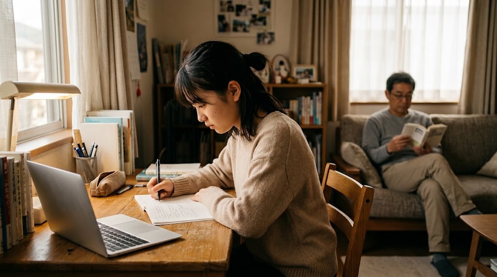 自分の部屋の机でノートに書き込む高校生と後ろで本を読む保護者