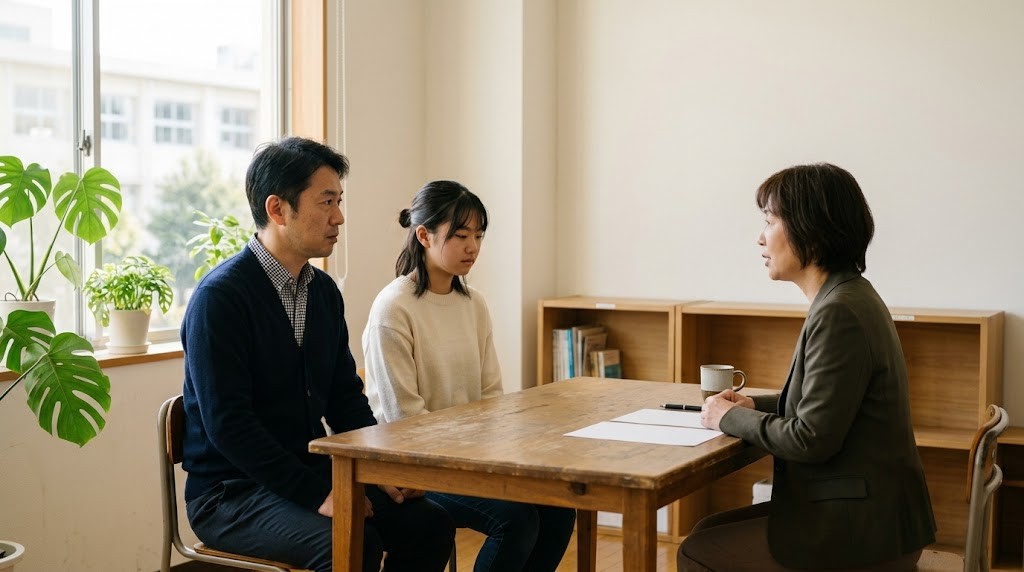 相談室で先生の説明を聞く保護者と高校生