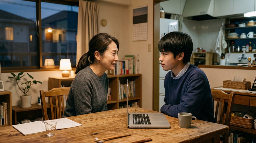 夜の食卓で、ノートパソコンを前に進路について話す母親と高校生の息子（Japanese）