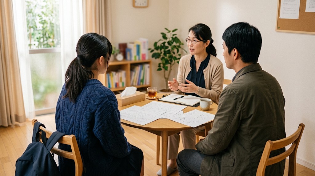 相談室の丸いテーブルで、担当者の説明を聞く高校生と父親（Japanese）