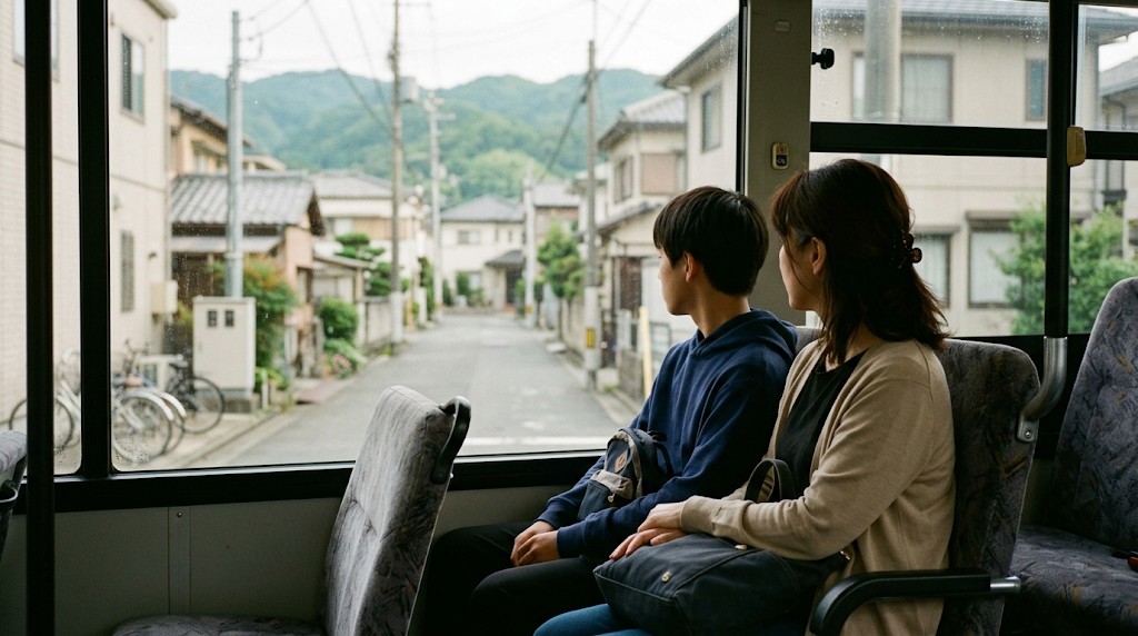 日曜の朝、路線バスの座席に並んで座り窓の外を見る母親と高校生の息子（Japanese）