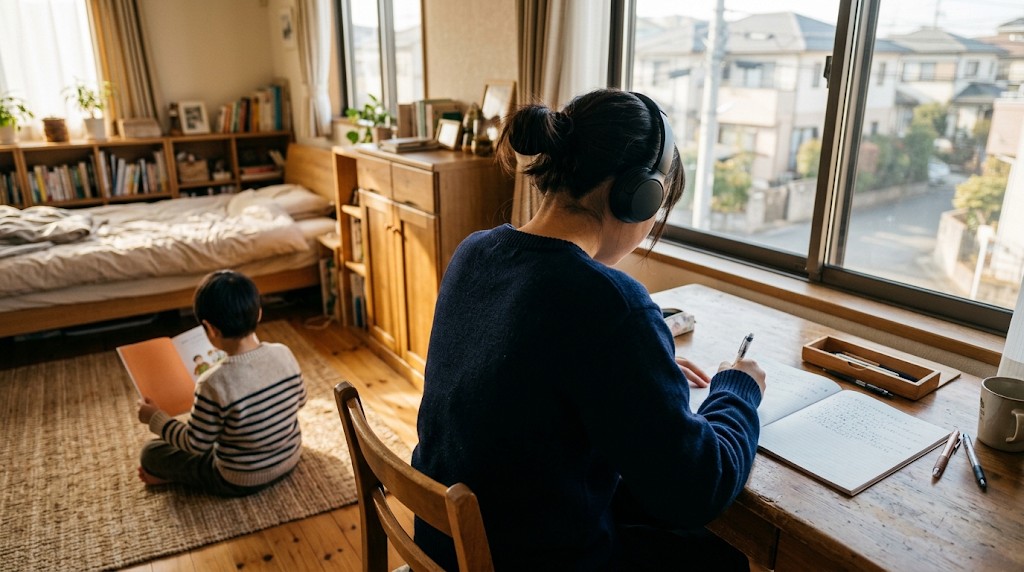 自宅の机でヘッドホンをつけて勉強する高校生と、床で本を読む弟（Japanese）