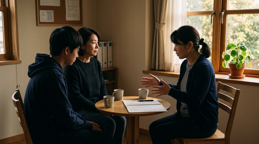相談室の丸いテーブルで、担当者の説明を聞く高校生と母親（Japanese）