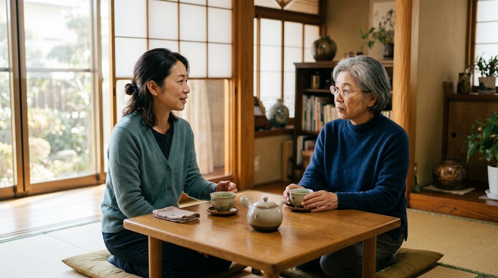 低いテーブルで緑茶を前に、母親と祖母が向かい合って話している様子