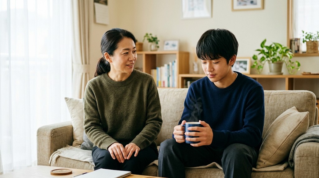 リビングのソファに並んで座り、マグカップを持つ高校生の話を聞く母親