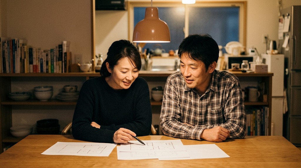 夜のダイニングで、夫婦が手書きの四角を描いた紙を一緒に見ている様子
