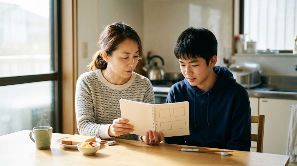 朝の台所のテーブルで、母親と高校生の息子が手書きの四角を描いたノートを一緒に見ている様子