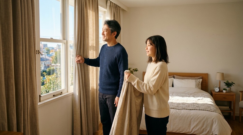 朝の寝室で、父親と娘がカーテンを開けて日の光を入れている様子