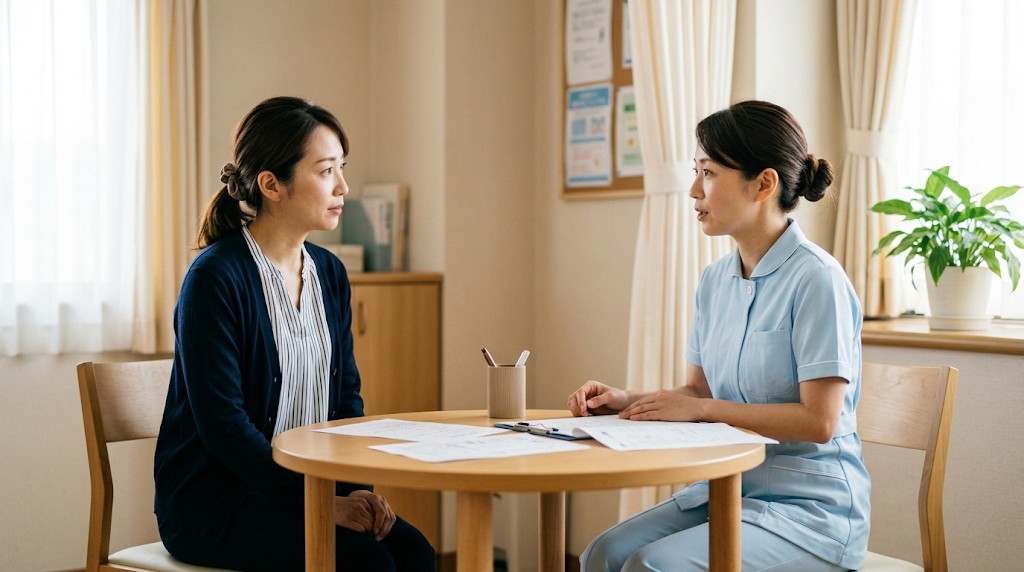 明るい相談室の丸いテーブルで、母親が養護教諭と話している様子