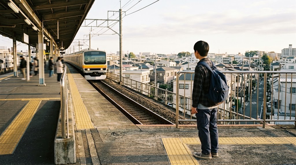 朝の高架の駅のホームで、近づいてくる電車を待つリュックを背負った高校生
