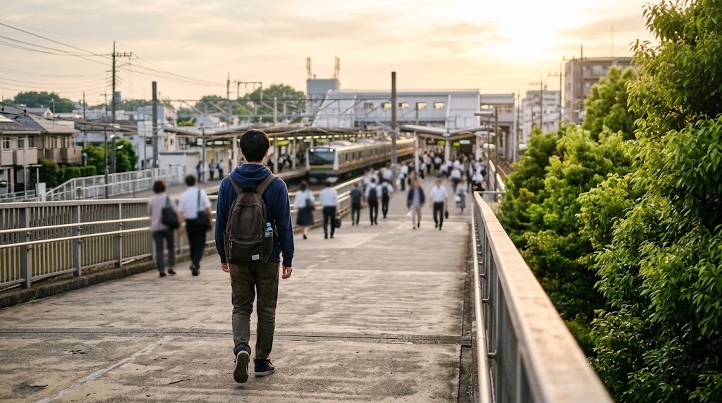 朝の駅へ続く歩道橋を歩く、リュックを背負った高校生の後ろ姿