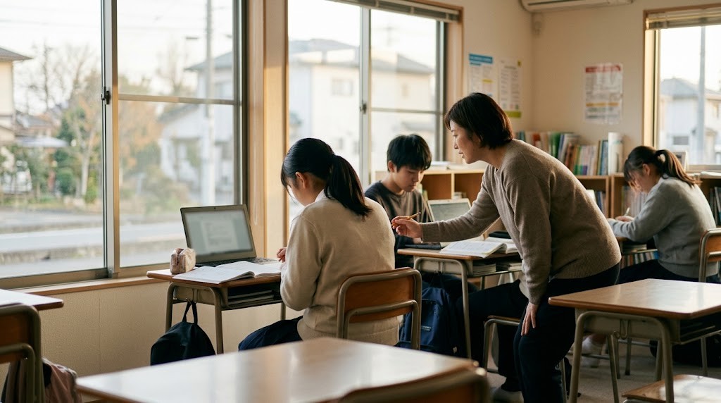 駅近くの明るい学習室で、ノートパソコンに向かう高校生たちと、1人に声をかけるスタッフ