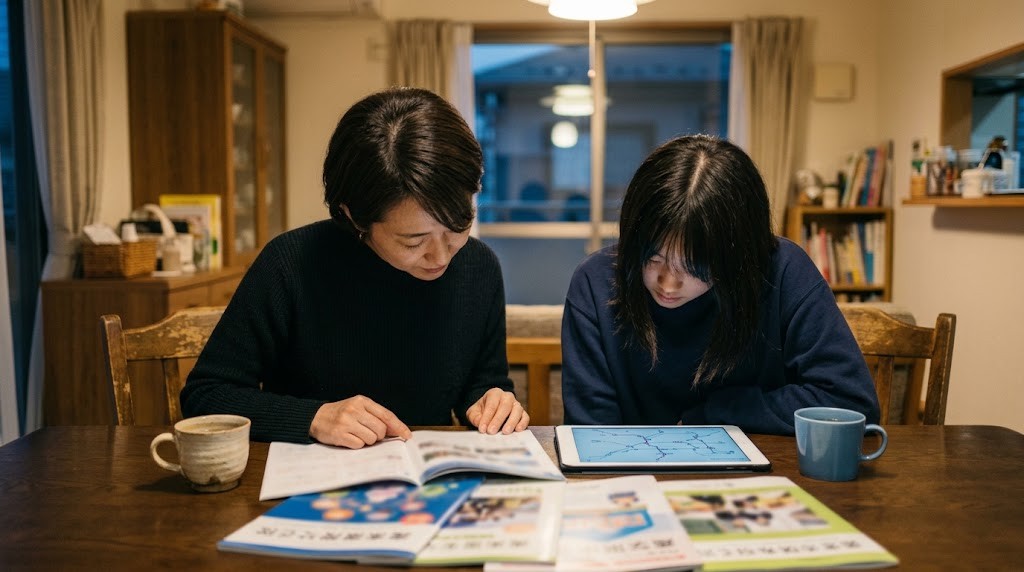 夜の食卓で、学校のパンフレットとタブレットの地図を並べて見る母親と高校生