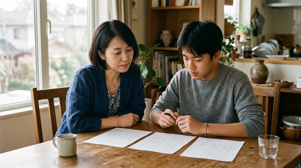 ダイニングテーブルで、母親と高校生の息子が手書きの四角を描いた紙を一緒に見ている様子