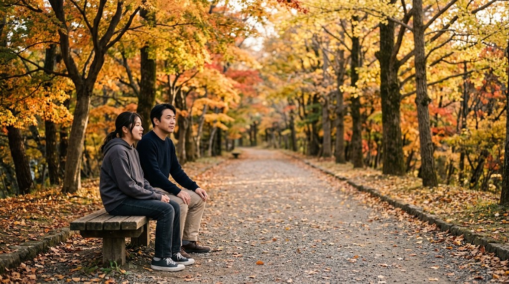 秋の並木道のベンチに並んで座り、話をする父親と娘