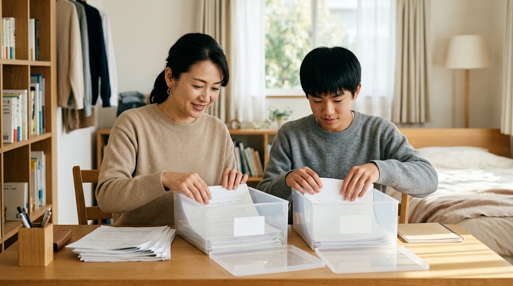 明るい部屋の机で、母親と高校生の息子が透明な収納ケースに書類を分けて入れている様子