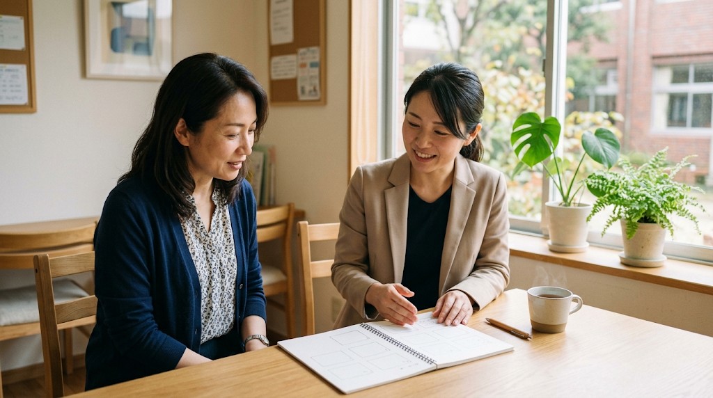 学校の相談室で、母親が女性の先生とノートを見ながら話している様子