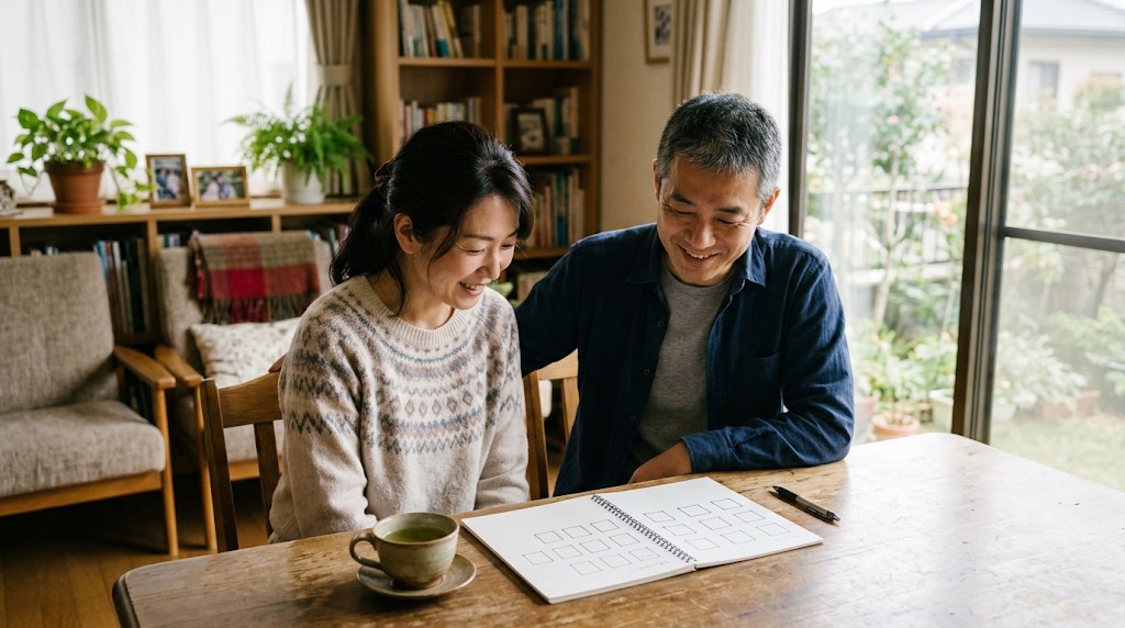 リビングのテーブルで、母親と父親が手書きの四角を描いたノートを一緒に見ている様子