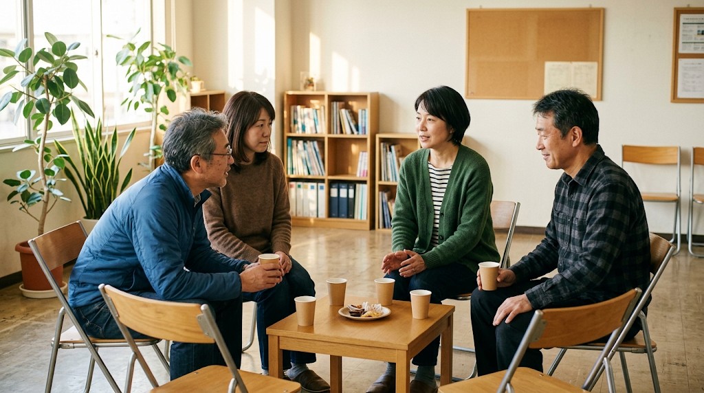 明るい集会室で、保護者4人が椅子に座って紙コップのお茶を手に話している様子